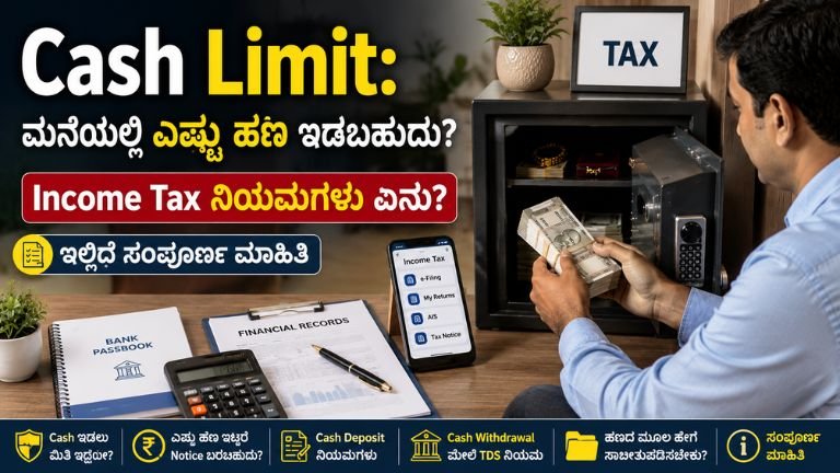 Cash Limit ಕುರಿತು ಮನೆಯಲ್ಲಿ ಎಷ್ಟು ಹಣ ಇಡಬಹುದು ಮತ್ತು Income Tax ನಿಯಮಗಳ ಸಂಪೂರ್ಣ ಮಾಹಿತಿಯನ್ನು ತೋರಿಸುವ ಚಿತ್ರ
