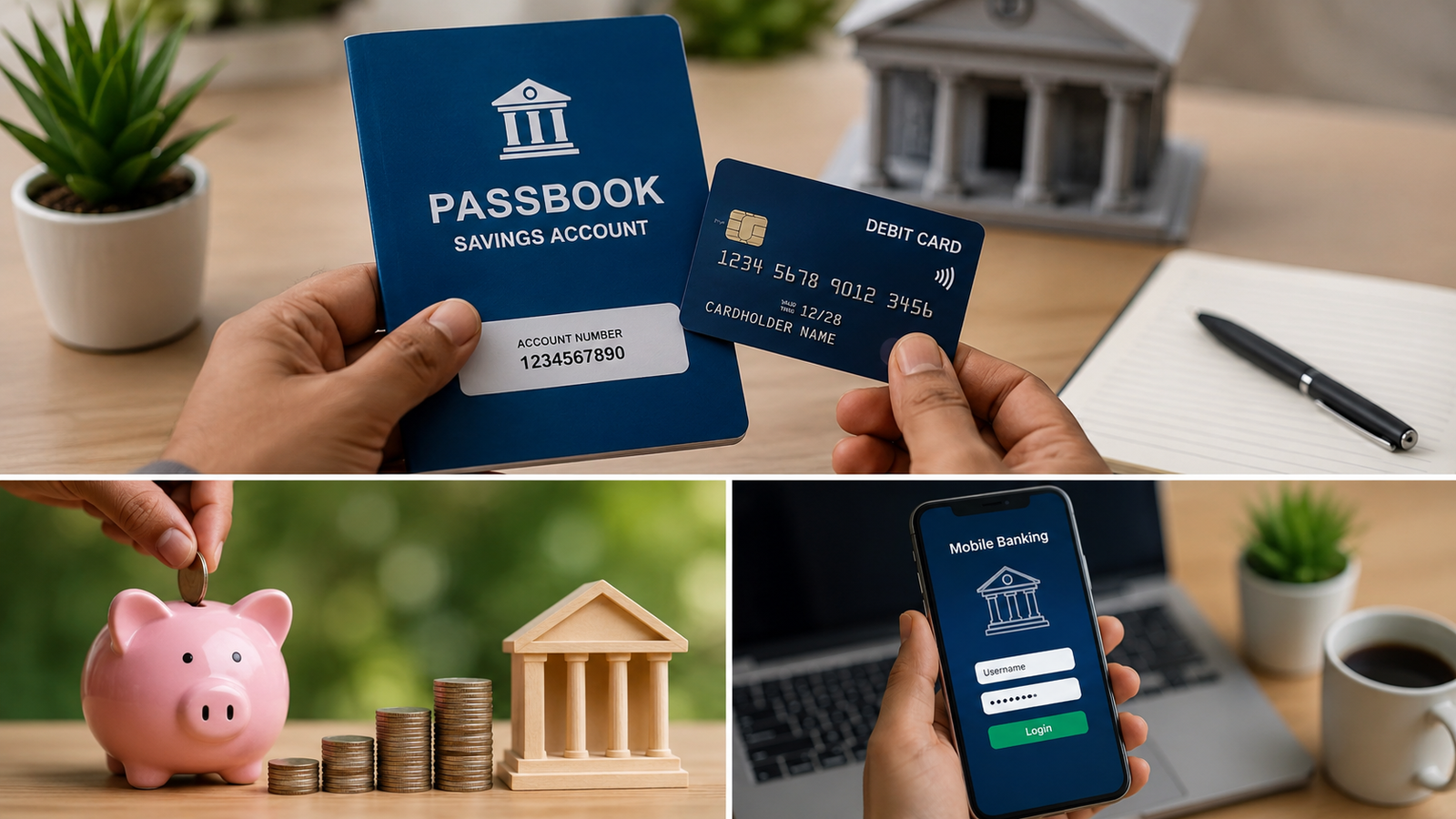 ಬ್ಯಾಂಕ್ ಖಾತೆ ತೆರೆಯುವ ವಿಧಾನ, KYC ದಾಖಲೆಗಳು, Passbook, Debit Card ಮತ್ತು Mobile Banking ತೋರಿಸುವ ಚಿತ್ರ.