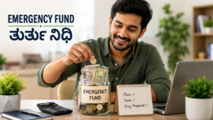 ತುರ್ತು ನಿಧಿಗಾಗಿ ಹಣ ಉಳಿತಾಯ ಮಾಡುತ್ತಿರುವ ವ್ಯಕ್ತಿ, ಹಣದ ಜಾರ್, ಕ್ಯಾಲ್ಕುಲೇಟರ್ ಮತ್ತು ಉಳಿತಾಯ ಯೋಜನೆ