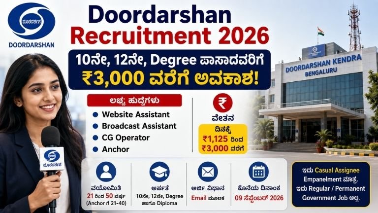 Doordarshan Recruitment 2026ರಲ್ಲಿ 10ನೇ, 12ನೇ ಮತ್ತು Degree ಪಾಸಾದವರಿಗೆ ವಿವಿಧ ಹುದ್ದೆಗಳು ಹಾಗೂ ₹3,000 ವರೆಗೆ ವೇತನದ ಮಾಹಿತಿ