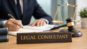 Legal Consultant recruitment concept with a lawyer, legal documents, gavel and scales of justice.