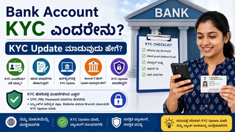 Bank Account KYC update ಮಾಡುವ ವಿಧಾನ, ಅಗತ್ಯ ದಾಖಲೆಗಳು ಮತ್ತು ಸುರಕ್ಷಿತ KYC ಪ್ರಕ್ರಿಯೆಯನ್ನು ತೋರಿಸುವ ಚಿತ್ರ