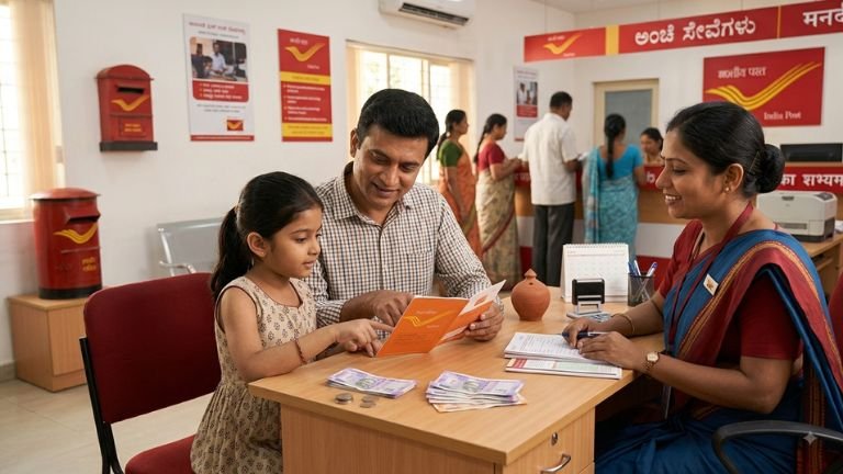 ಮಗಳ ಭವಿಷ್ಯದ ಉಳಿತಾಯಕ್ಕಾಗಿ ಪೋಸ್ಟ್ ಆಫೀಸ್ನಲ್ಲಿ Sukanya Samriddhi Account ಕುರಿತು ಮಾಹಿತಿ ಪಡೆಯುತ್ತಿರುವ ತಂದೆ ಮತ್ತು ಮಗಳು