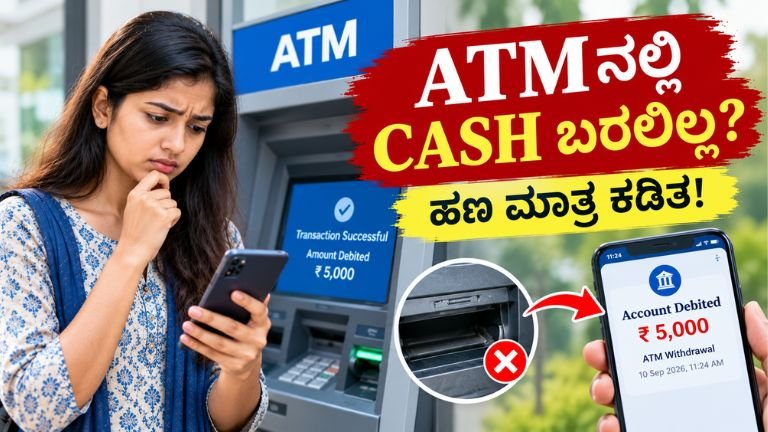 ATMನಲ್ಲಿ ಹಣ ಕಡಿತವಾದರೂ Cash ಬರದಿರುವ ಸಂದರ್ಭದಲ್ಲಿ ಬ್ಯಾಂಕ್ ಖಾತೆ ಮತ್ತು ATM ತೋರಿಸುವ ಚಿತ್ರ