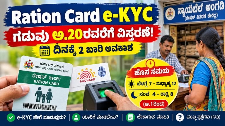 Ration Card e-KYC 2026: ಅಕ್ಟೋಬರ್ 20ರವರೆಗೆ ಗಡುವು ವಿಸ್ತರಣೆ ಮತ್ತು ನ್ಯಾಯಬೆಲೆ ಅಂಗಡಿಗಳ ಹೊಸ ಸಮಯದ ಮಾಹಿತಿ.