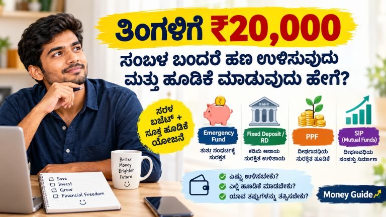 ₹20000 salary ಬಂದರೆ ಹಣ ಉಳಿಸುವುದು ಮತ್ತು ಹೂಡಿಕೆ ಮಾಡುವುದು ಹೇಗೆ ಎಂಬ Money Guide ಚಿತ್ರ