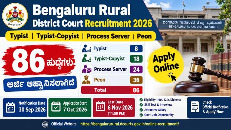 Bengaluru Rural District Court Recruitment 2026 ಕುರಿತು 86 ಹುದ್ದೆಗಳ ನೇಮಕಾತಿ, Typist, Typist-Copyist, Process Server ಮತ್ತು Peon ಹುದ್ದೆಗಳು ಹಾಗೂ 6 November 2026 ಅರ್ಜಿ ಕೊನೆಯ ದಿನಾಂಕ ತೋರಿಸುವ ಚಿತ್ರ.