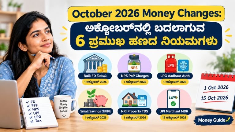 October 2026 Money Changes FD, NPS, LPG, Small Savings, NRI Property TDS ಮತ್ತು UPIಗೆ ಸಂಬಂಧಿಸಿದ 6 ಪ್ರಮುಖ ಹಣಕಾಸು ಬದಲಾವಣೆಗಳ ಚಿತ್ರ