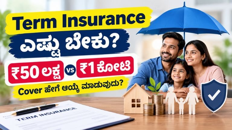Term Insurance Cover ಕುರಿತು ₹50 ಲಕ್ಷ ಮತ್ತು ₹1 ಕೋಟಿ ಆಯ್ಕೆಗಳನ್ನು ಹೋಲಿಸಿ, ಕುಟುಂಬದ ಆದಾಯ, ಸಾಲ ಮತ್ತು ಭವಿಷ್ಯದ ಅಗತ್ಯಕ್ಕೆ ತಕ್ಕ Life Cover ಆಯ್ಕೆ ಮಾಡುವುದನ್ನು ತೋರಿಸುವ ಚಿತ್ರ.
