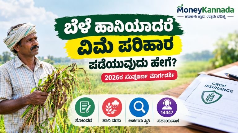 Crop Insurance Claim 2026 ಕುರಿತು ಕರ್ನಾಟಕದ ರೈತರಿಗೆ ಬೆಳೆ ವಿಮೆ ನೋಂದಣಿ, ಹಾನಿ ವರದಿ ಮತ್ತು ಪರಿಹಾರ ಪಡೆಯುವ ವಿಧಾನ ವಿವರಿಸುವ ಚಿತ್ರ.